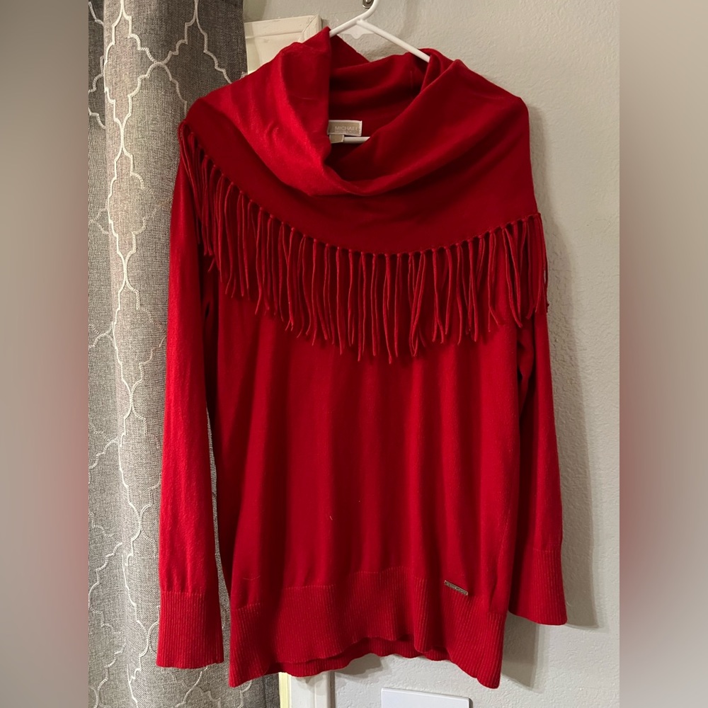 Michael Kors L SWEATER red fringe cowl neck large